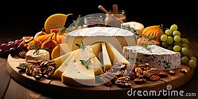 Party hors d'oeuvre platter assorted cheeses and fruits from above. Generative AI Stock Photo