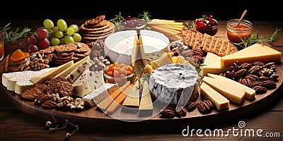 Party hors d'oeuvre platter assorted cheeses and fruits from above. Generative AI Stock Photo