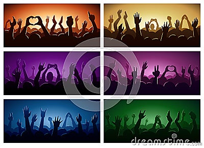 Party human hands silhouette music festival or concert streaming down from above stage fan zone vector illustration Vector Illustration
