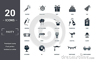 Party Icon icons set collection. Includes simple elements such as Flapper With Confetti, Disco Ball, Gift, Cake, Cap Stock Photo