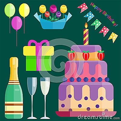 Party icons celebration happy birthday surprise decoration cocktail event anniversary vector. Vector Illustration