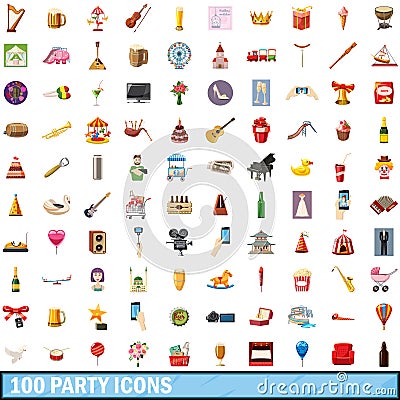 100 party icons set, cartoon style Vector Illustration