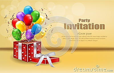 Party invitation card with gifts and balloons Vector. celebrate events banner posters Stock Photo