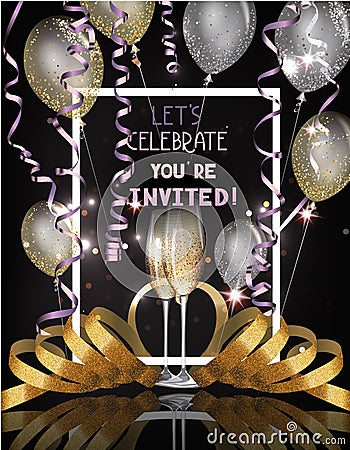 Party invitation card with glasses of champagne, serpentine and air balloons. Vector Illustration
