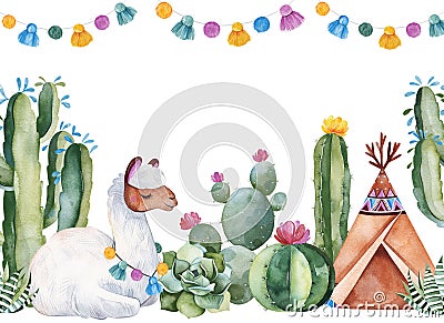 Party invitation with green watercolor cactus,succulents,flowers,garlands,teepee and cute llama Stock Photo