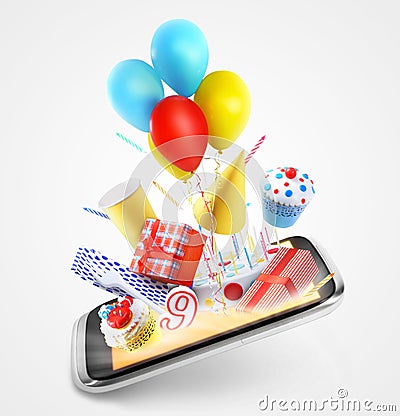 Party items flying out of the screen Stock Photo