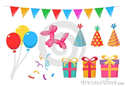 Party items set pack with balloons, gifts, boxes, flags, streamers, and hats. Stock Photo