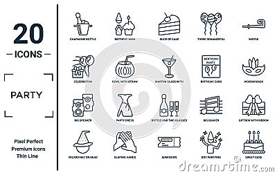 party linear icon set. includes thin line chapaigne bottle in bucket, celebration, big speaker, wizard hat on head, sweet cake, Vector Illustration