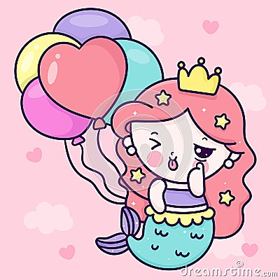 Party Mermaid princess cartoon holding magic birthday balloon kawaii fish animal Vector Illustration