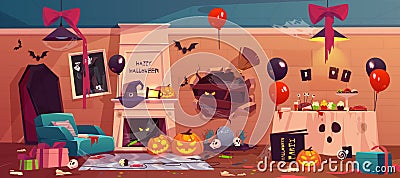 After party mess in Halloween decorated room, Vector Illustration