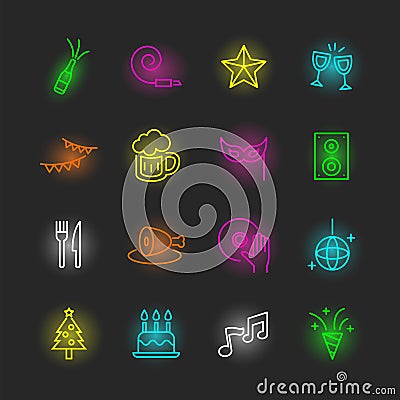Party neon icon set Vector Illustration