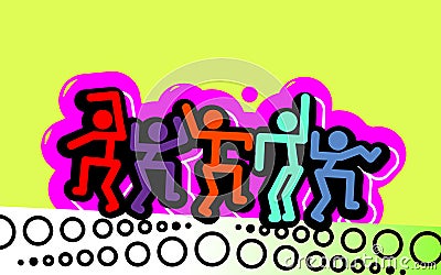 Party people, dynamic background. Large group of man flat, cartoon characters having fun. Crowd of young people dancing, club Vector Illustration