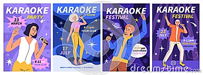 Party poster. Music singers, microphone for sing night promotion, fun concert girl and boy character in disco nightclub Vector Illustration