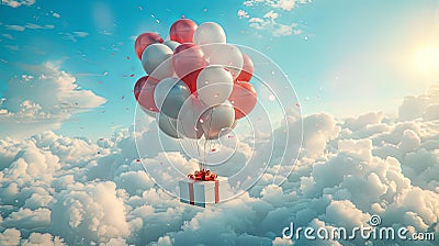 Party present box flying in the sky with bunch of balloons floating Stock Photo