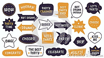 Party props. Black and yellow bubbles with funny quotes, photo booth props for masquerade, christmas and new year vector Vector Illustration