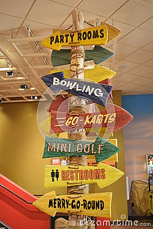 Party Rooms Bowling Go Karts Mini Golf Restrooms Merry-Go-Round Arrow Signs Stock Photo