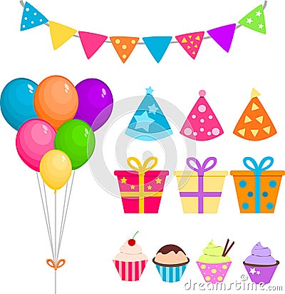 Party set with balloons, presents and cupcakes Vector Illustration