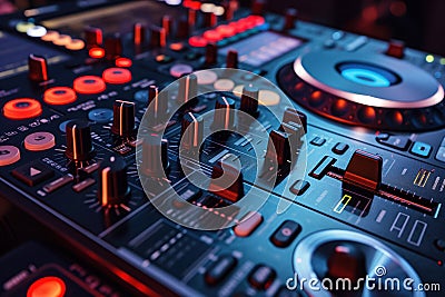 In party setting, DJ mixer control panel equalizer musical console audio mixing controller Stock Photo