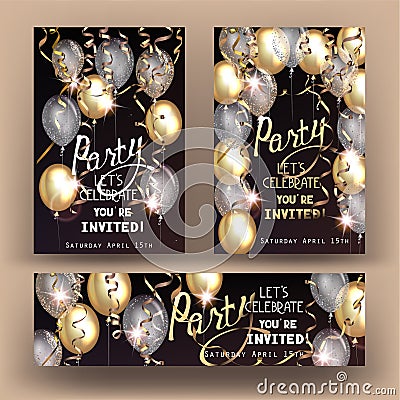Party shiny banners with air balloons and serpentine. Vector Illustration