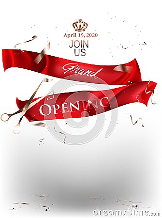 Grand opening banner with red cut levitating ribbons. Vector Illustration