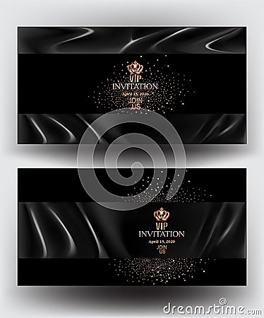 Vip invitation cards with black atlas cloth and golden dust. Vector Illustration