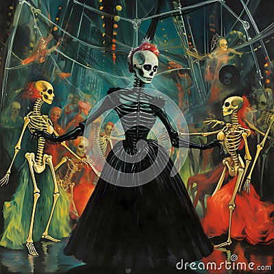 Party of skeletons, corpses, in an elegant long black dress skeleton woman, party of the dead. For the day of the dead and Vector Illustration