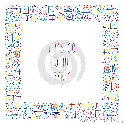 Party square frame. Celebration pattern. Birthday, holidays, event, carnival festive. Party decor elements thin icons Vector Illustration