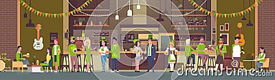 Party For St. Patricks Day In Irish Pub Or Bar With Group Of People Wearing Green Clothes And Drinking Beer Vector Illustration