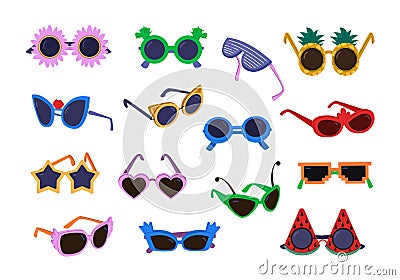 party sunglasses set. holiday masquerade sunglasses set of isolated objects, cartoon carnival decorative glasses. vector Stock Photo