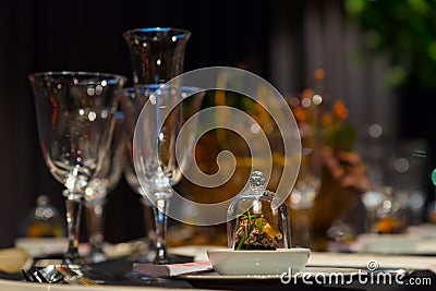 Party table setting, wine and champagne glasses, gourmet snack, restaurant interior, christmas dinner Stock Photo