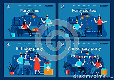 Party time flat landing pages set. Friends celebrating, congratulating and gift presenting scenes for website or CMS web Vector Illustration