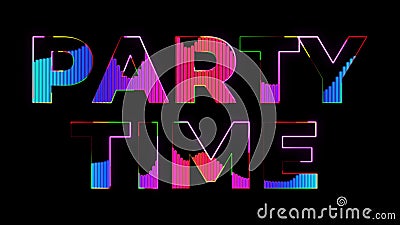 Party time text. Party in 80s style. Party text with sound waves effect. Glowing neon lights. Retrowave and synthwave style. For Stock Photo