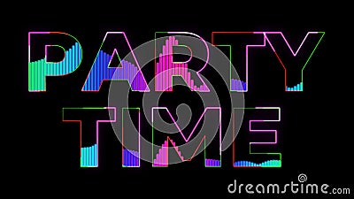 Party time text. Party in 80s style. Party text with sound waves effect. Glowing neon lights. Retrowave and synthwave style. For Stock Photo