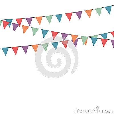 Party triangle bunting flags hanging on the rope. Colorful flag - green, blue, purple, red, orange Vector Illustration