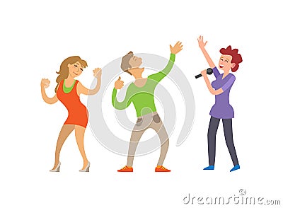 Partying People Dancing Couple and Female Singer Vector Illustration