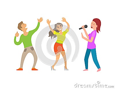 Partying People Having Fun Lady with Microphone Vector Illustration