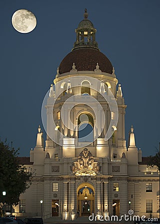 Pasadena City Hall Moonrise Stock Photo