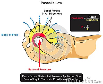 Pascal law infographic diagram example pressure applied on one point of liquid transmit equally in all direction Vector Illustration