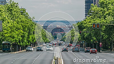 Paseo de la Castellana street traffic timelapse near Puerta De Europa towers as viewed from Plaza de Castilla, Madrid Stock Photo