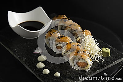 Pasion Fruit gourmet plate of sushi Stock Photo