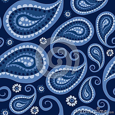 Pasley Indian Kalamkari Seamless Pattern on Blue Arabic Pasleys Repeating Pattern Backround Vector Illustration
