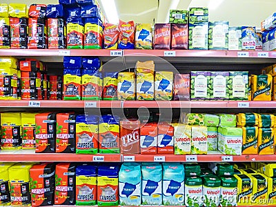 Supermarket shelves with a variety of yerba mate packs of different brands - Argentina Editorial Stock Photo