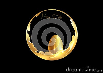 Golden Easter egg and gold luxury round frame for Happy Easter holidays. Vector basket with shiny eggs isolated on black Vector Illustration