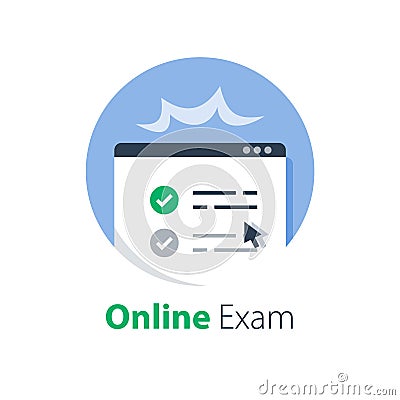 Pass online exam, knowledge review, distant learning, complete course, internet education, fill out e-form Vector Illustration