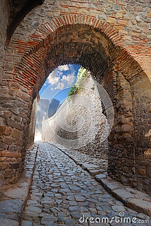 Passage in an ancient stronghold Stock Photo