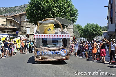 Passage of an E.Leclerc hypermarket advertising car in the Tour de France caravan Editorial Stock Photo