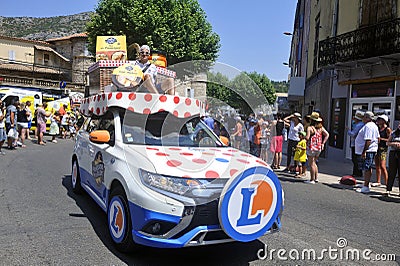 Passage of an E.Leclerc hypermarket advertising car in the Tour de France caravan Editorial Stock Photo