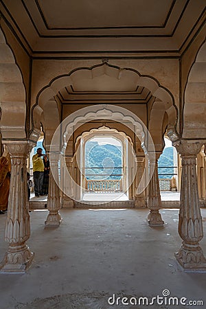 Ornate columns in the Diwan-e-aam building, Amber Fort, Amer , Rajasthan, India Editorial Stock Photo