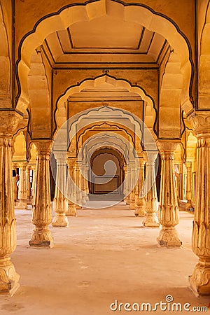 Ornate columns in the Diwan-e-aam building, Amber Fort, Amer , Rajasthan, India Editorial Stock Photo