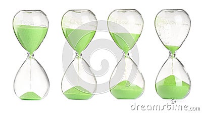 Passage of time. Hourglass with flowing sand on white background, collage Stock Photo